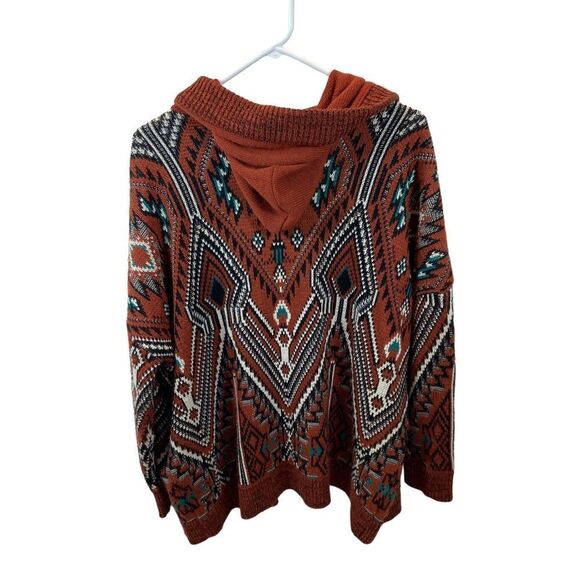 Ecote BrandTribal Print Rust Color Hooded Open Front Cardigan Sweater Size Small - Picture 7 of 11